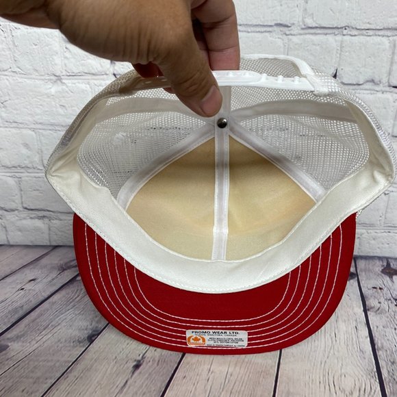 Vintage Farmer Hat Mesh Rope Cap Red White BROMOX Herbicide - DEFECT HOLE Item#2 - Picture 7 of 9